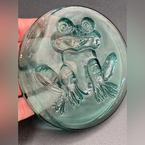 Vintage Art Glass Green Smiling Frog Paperweight Round Flat Embossed Translucent